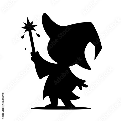 Little wizard casting spell with magic wand