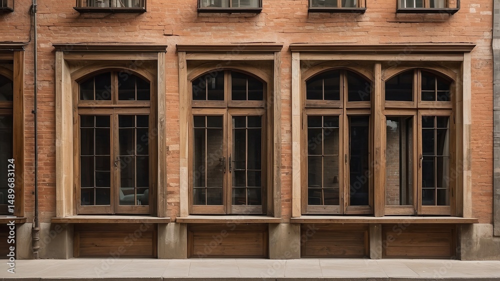 Fototapeta premium Captivating facade of aged brick building featuring arched wood windows evoking a historic on transparent background