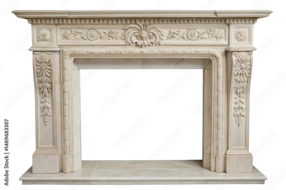 Obraz premium PNG Ornate white marble fireplace with intricate floral carvings
