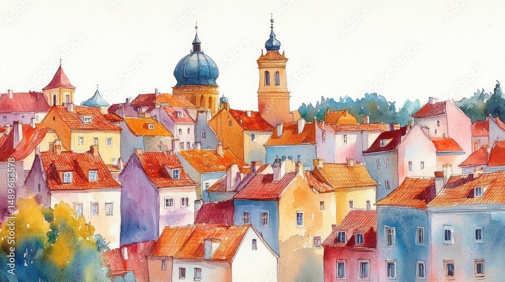 custom made wallpaper toronto digitalColorful watercolor painting of a European town skyline with red rooftops, church towers, and surrounding trees under soft natural light