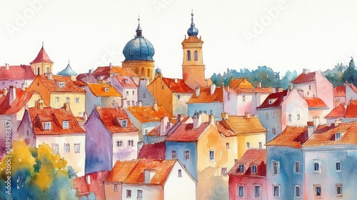 Wallpaper Mural Colorful watercolor painting of a European town skyline with red rooftops, church towers, and surrounding trees under soft natural light Torontodigital.ca