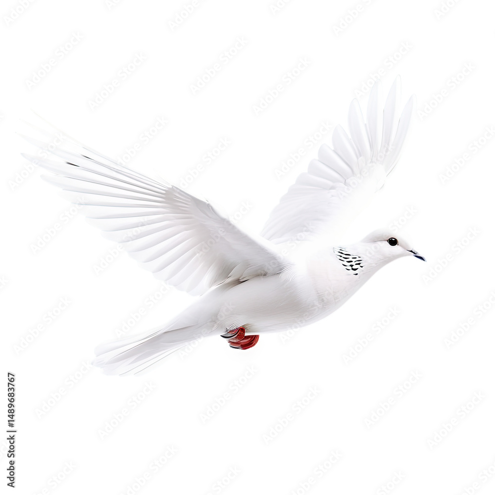 Obraz premium A pristine white dove soars gracefully in flight, with open wings against a dark background