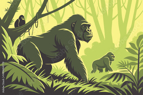 37 a pack of gorillas in a lush, tropical rainforest, dense foliage, detailed realistic, cinematic lighting, national geographic, high quality, 8k