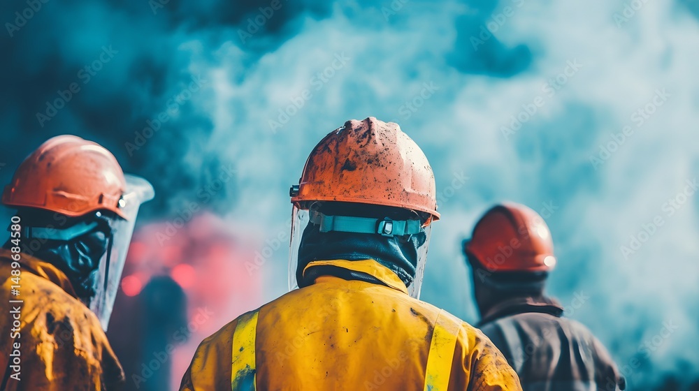 Fototapeta premium Firefighters stand resilient against smoke and flames, embodying bravery and dedication in disaster response. Their protective gear highlights the critical nature of their work.