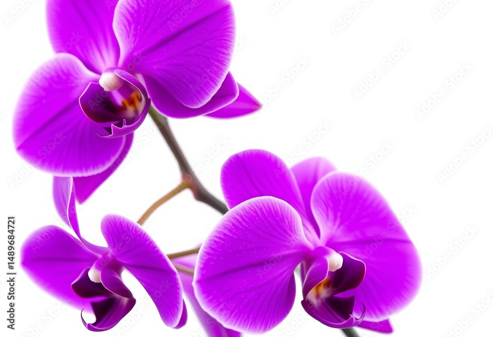 Fototapeta premium Vivid purple orchids, petals unfurled, isolated on pure white, summer, detail