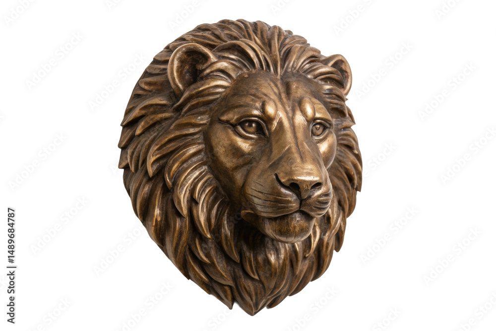 Obraz premium PNG Bronze lion head sculpture with detailed mane and fierce expression