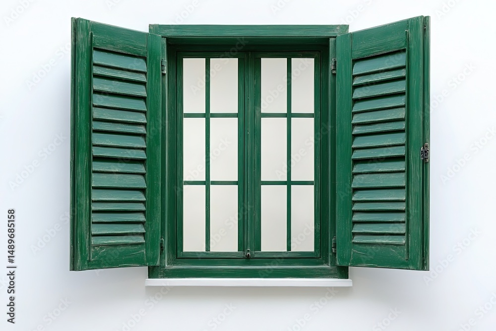 Fototapeta premium Green Window Shutters Open on a White Wall on white background