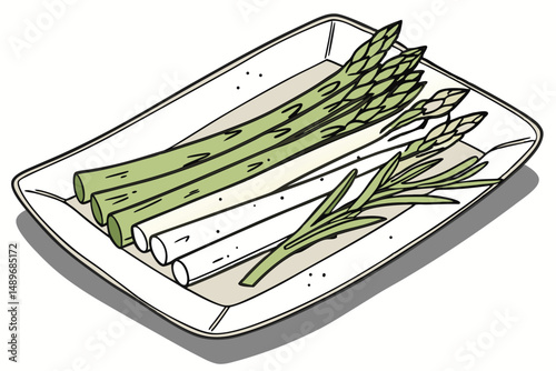 38 plate, dish, ceramic, food, asparagus, green, white, plate arrangement, minimalist, high-contrast, food styling, modern, clean