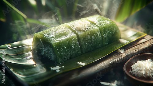 Steaming Kuih Tepung Pelita, a green and white custard cake wrapped in banana leaves, rests on a pandan leaf with shredded coconut nearby photo