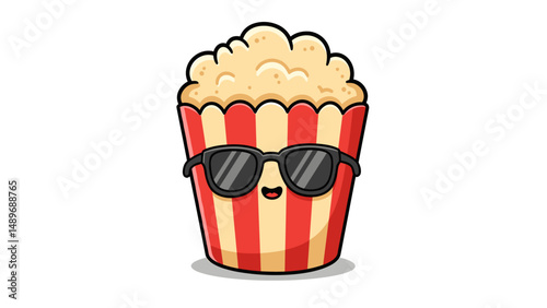 Cool Popcorn Cartoon Character in Striped Bucket Wearing Sunglasses