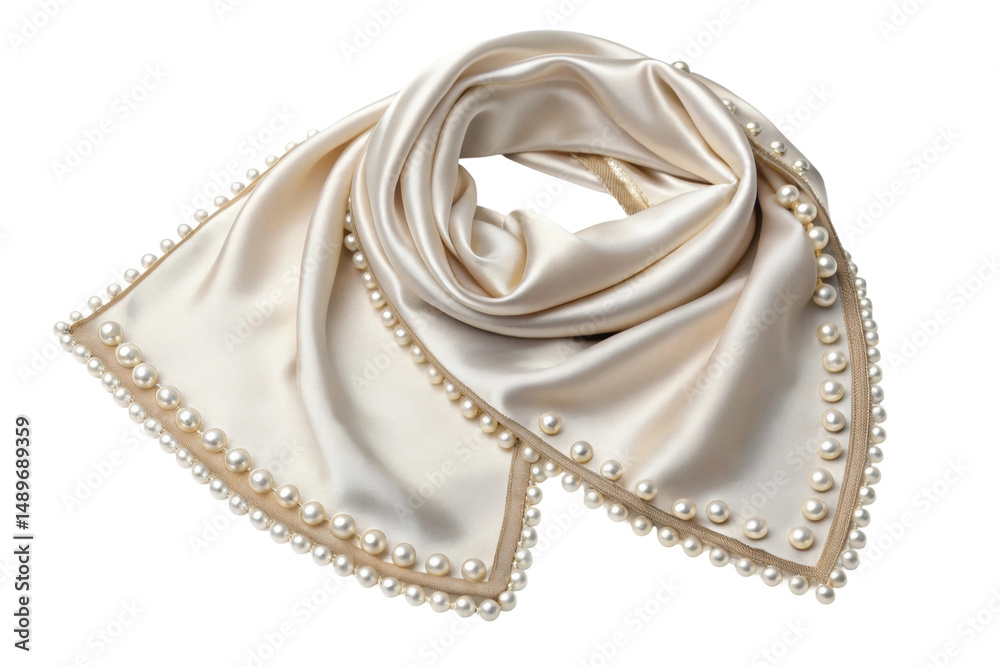 Obraz premium PNG Elegant cream satin scarf with pearls - luxurious fashion accessory