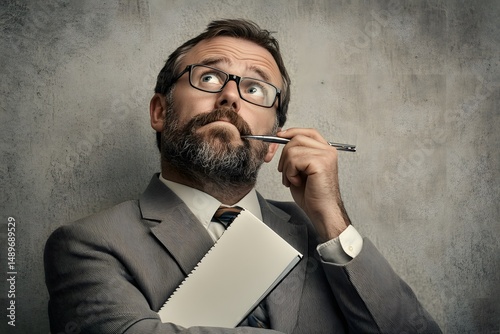 a businessman thinking deeply while holding a pen and notebook