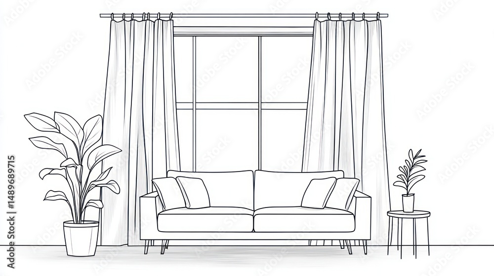 Fototapeta premium Living room sketch, sofa, plants, window, interior design