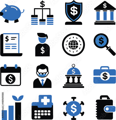 This vector set features black business and finance icons, symbols for web, phone, computer, management, money, illustration, internet, people, car, finance, design, communication, chart, and mail