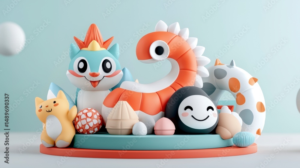 Fototapeta premium Playful Cartoon Animals and Objects 3D Render with Pastel Background
