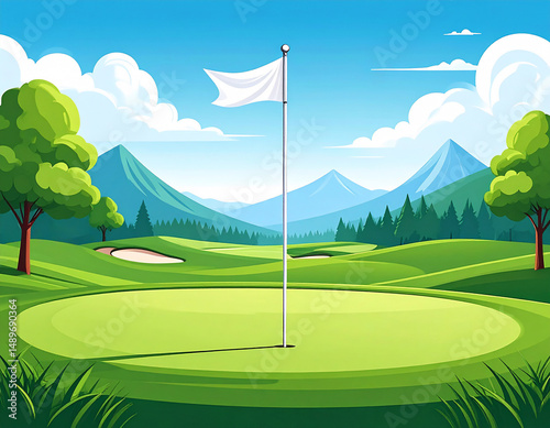 ゴルフコースの白い旗の立ったグリーン