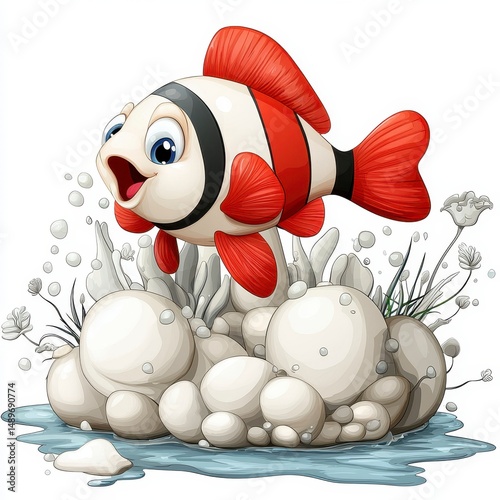 Playful Red and White Clownfish Leaping from Coral Reef Cartoon Illustration
