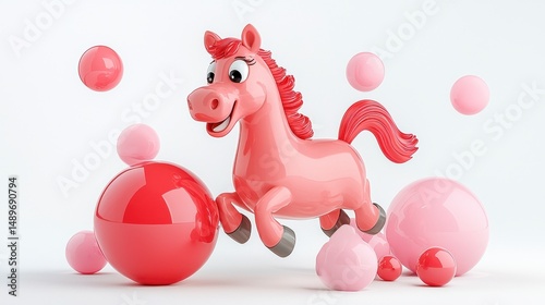 Playful Pink Horse Figurine Leaping Among Spheres