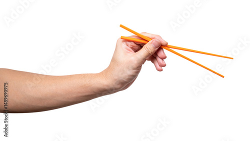 Male hand holding a orange plastic chopstick isolated on white background.