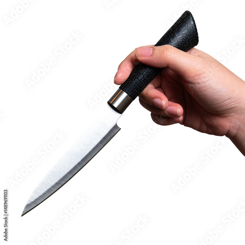 Female hand holding a steel cooking knife isolated on white background.
