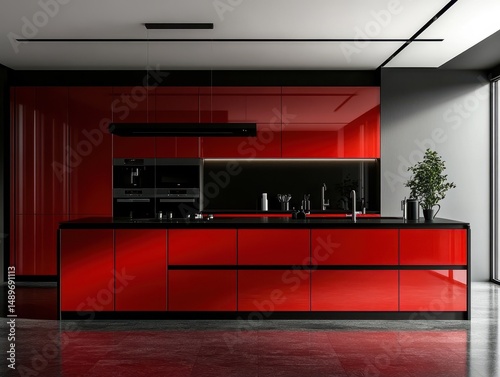 Modern Kitchen with Red and Black Kitchen Island and Cabinetry