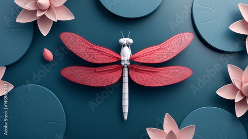 Red Dragonfly and Pink Lotus Flowers 3D Render
