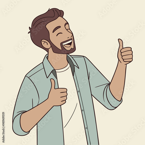 A cartoon illustration of a smiling man with brown hair and a beard, giving two thumbs-up gestures. He is wearing a light blue shirt over a white t-shirt.