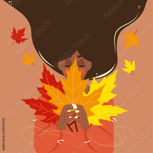 autumn girl with autumn leaves illustration