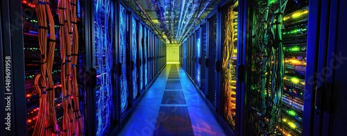 Futuristic Cloud Computing Infrastructure with Fiber Optics and High-Tech Visualization