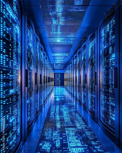 Inside Data Center with Glowing Pathways of Binary Code