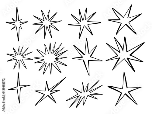 Doodle Starburst Outline Retro Comic. A curated collection of twelve hand drawn starburst and flare elements in various forms including pointed bursts jagged edges compact shapes and more