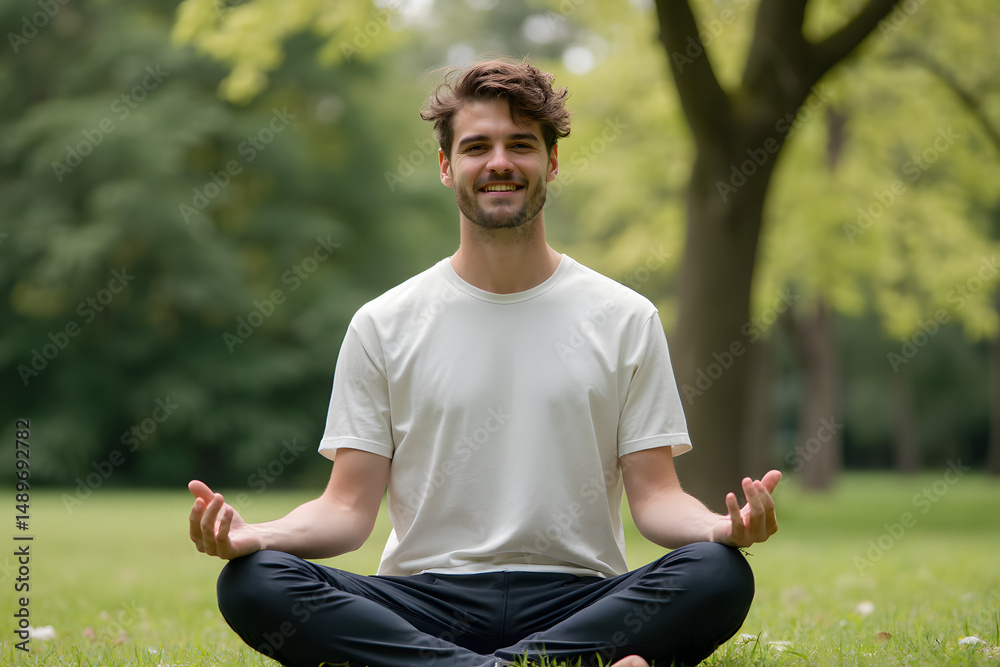 Fototapeta premium Man Meditating Outdoors at Sunset