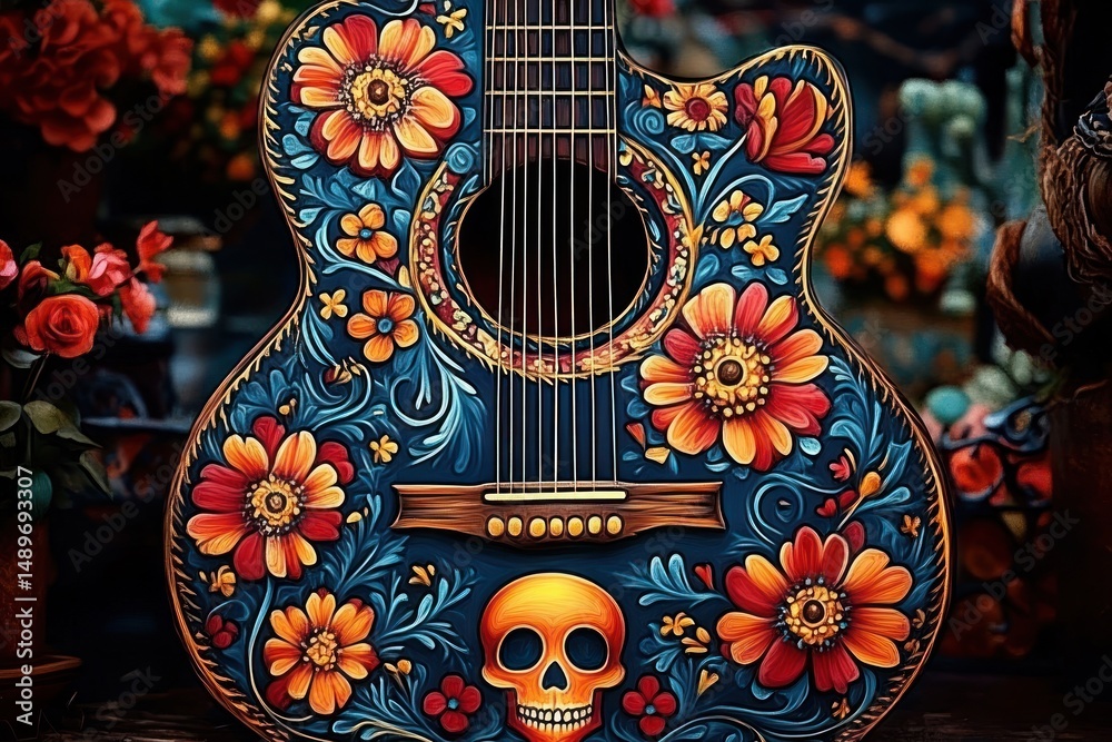 Obraz premium Close-up of an acoustic guitar decorated with vibrant orange and yellow flowers and a contrasting orange skull against a dark blue background evoking a lively and artistic atmosphere