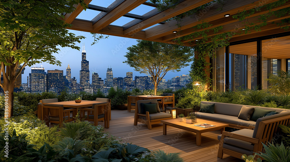 Fototapeta premium City View Terrace: An elevated outdoor space offering a panoramic view of the city skyline at dusk, framed by lush greenery and wooden furniture, creating an inviting atmosphere.