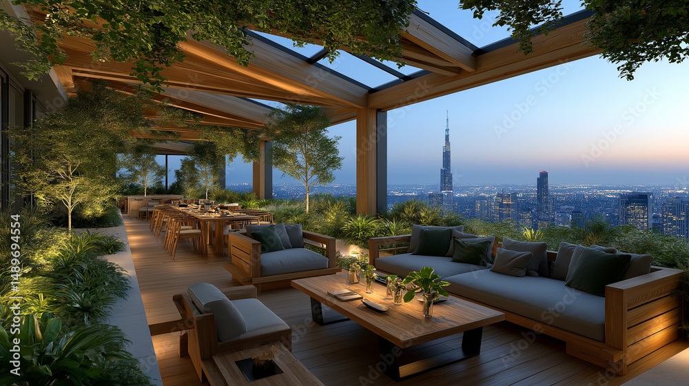Fototapeta premium Rooftop Oasis: A tranquil rooftop terrace offers a luxurious escape, showcasing stunning views of a modern city skyline with natural elements