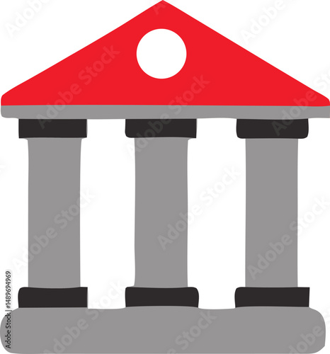 A 3D vector illustration shows a modern building design with wooden furniture like a table and chair, an architectural object for home interior decoration featuring a column and stool
