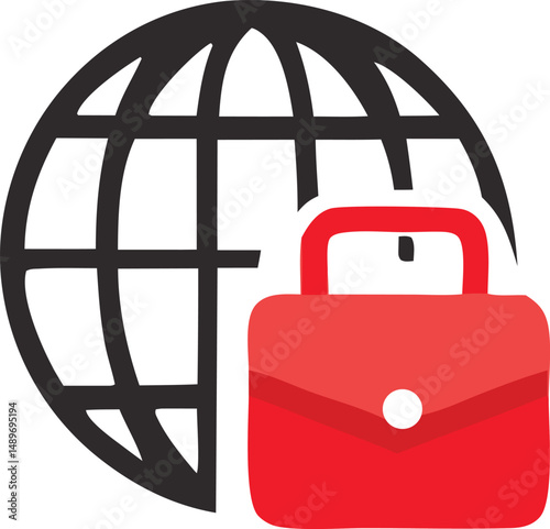 World travel symbol icon shows a globe in a red suitcase, a design for business or web