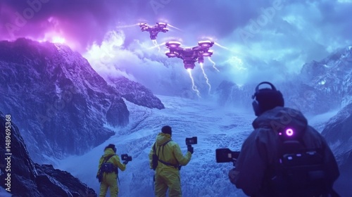 Camera crew in vibrant suits document alien drone over snow peaks amid purple lightning - sci-fi hyperreal cinematic scene in stunning resolution
