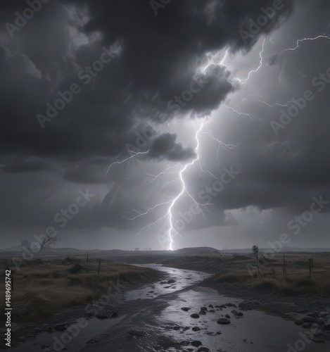 Turbulent grey sky, forked lightning illuminates the gloom ,  meteorological,  nature photography