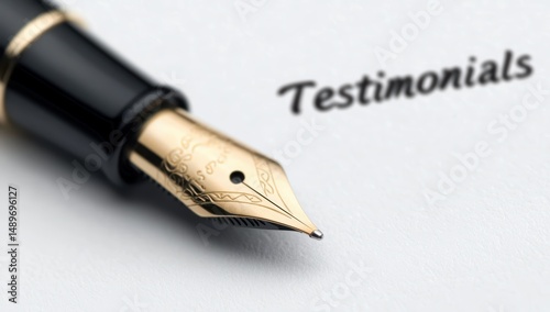 Elegant Fountain Pen on Paper with the Word Testimonials Close-Up