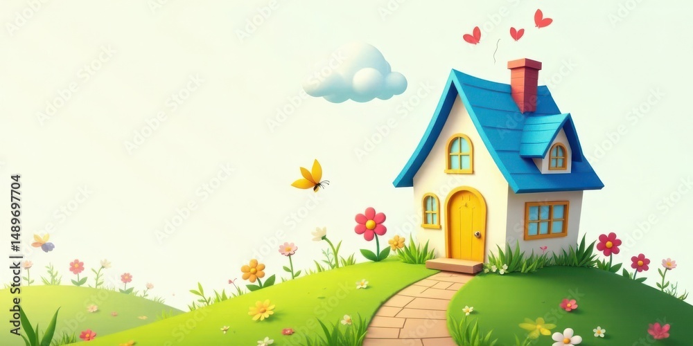 Fototapeta premium Charming Cottage on a Hilltop, Surrounded by Blossoming Flowers and Butterflies, a Whimsical Spring Scene