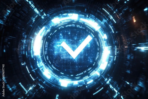 Digital checkmark within a glowing, technological interface