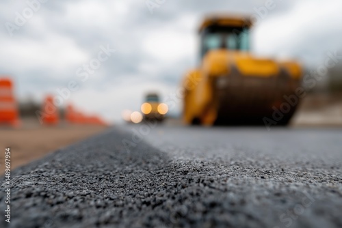 Close-up of freshly paved asphalt road with construction vehicles and traffic cones