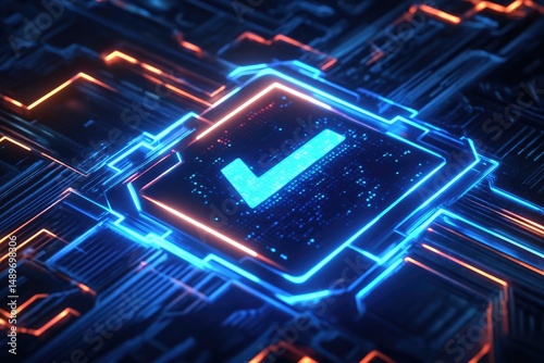Digital verification on a circuit board.  A glowing check mark on a circuit board.  Brightly lit, futuristic design