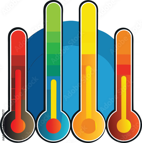 This vector illustration shows a set of thermometers for measuring temperature, displaying both hot and cold on their celsius and fahrenheit scales, essential icons for weather and meteorology