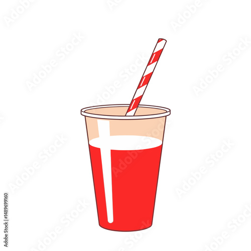 Red drink in plastic cup with striped straw