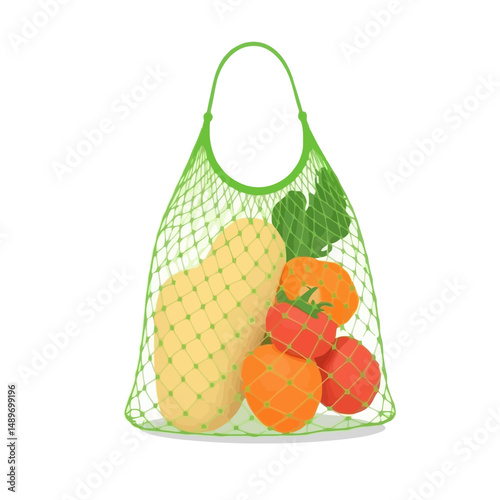 Fresh produce in reusable green string bag