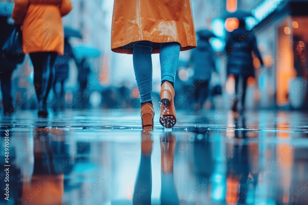 Naklejka premium A person in jeans and a raincoat walks on a wet city street, reflecting vibrant lights, as others move in the blurred background.
