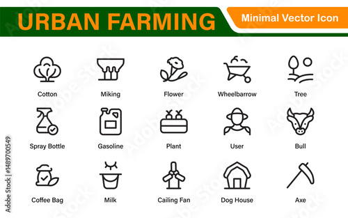 Modern Urban Farming Icons for Community Gardens – Clean Outline, Line Art, Vector Illustrations for Sustainable Farming, Urban Green Projects, and Apps