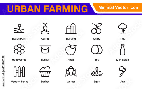 Modern Urban Farming Icons for Community Gardens – Clean Outline, Line Art, Vector Illustrations for Sustainable Farming, Urban Green Projects, and Apps